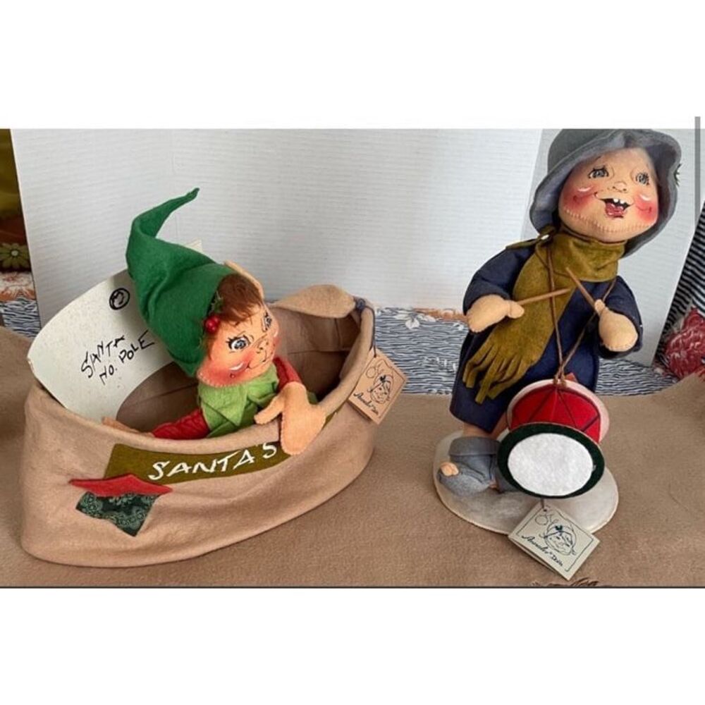 Annalee Christmas Elf in Santa Mail Bag and Drummer Boy Felt Dolls Set